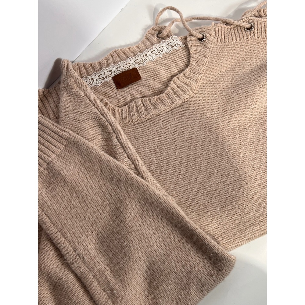 POL Lace Up Long Sleeve Sweater Tan Beige Knit Pullover Casual Soft‎ Comfortable